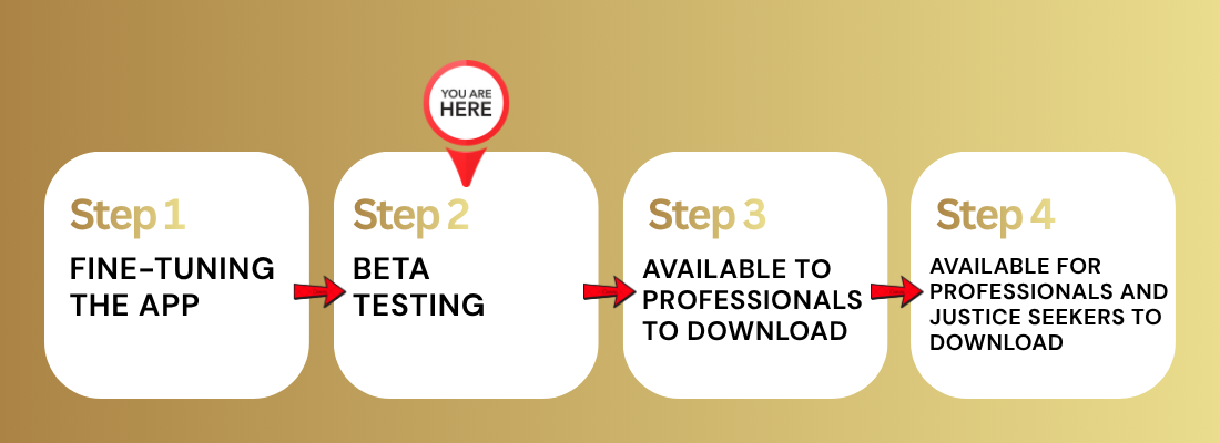 Product roadmap: Step 1 — Fine-Tuning the App; Step 2 — Beta Testing (current stage, you are here); Step 3 — Available to Professionals to Download; Step 4 — Available for Professionals and Justice Seekers to Download.
